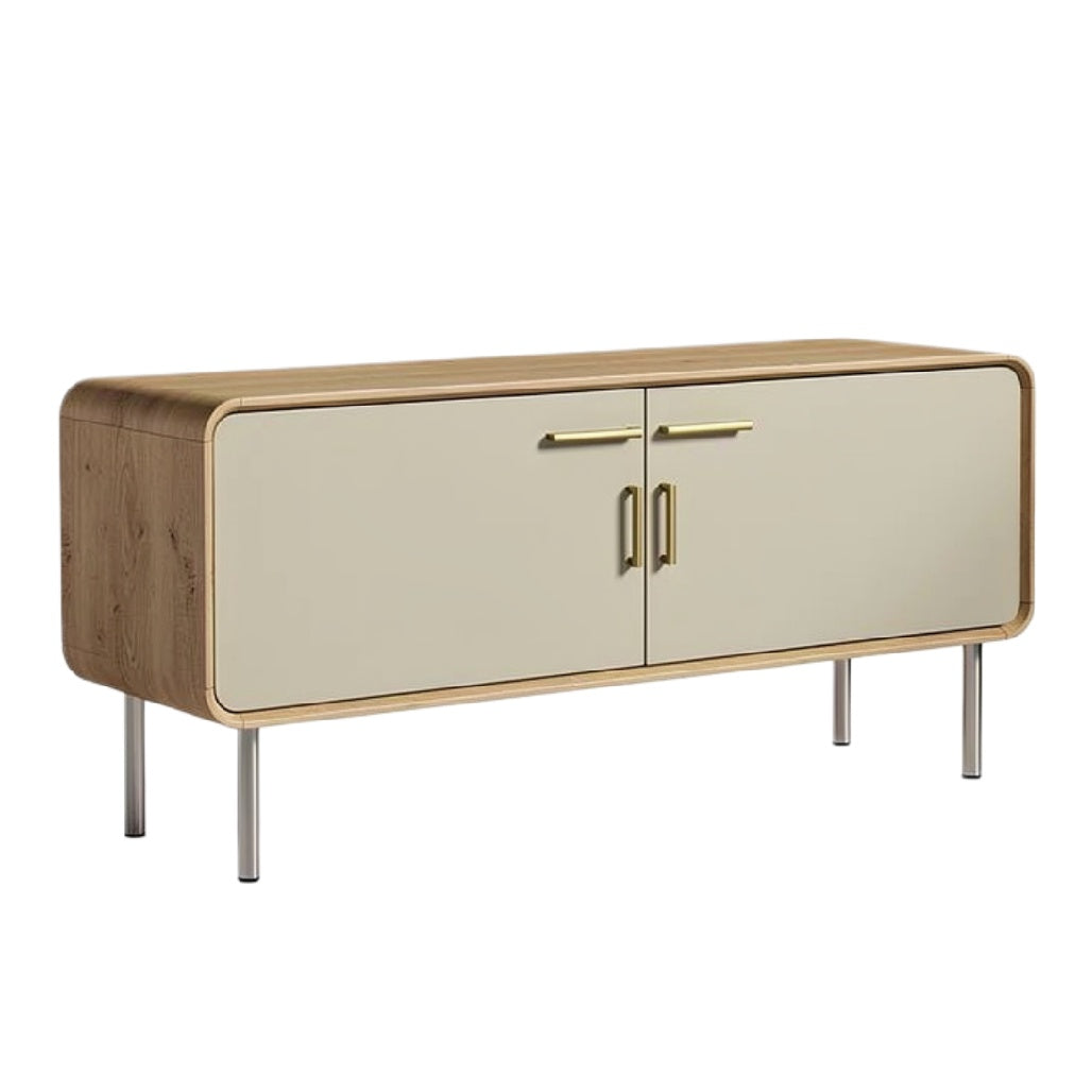 Moderne houten TV-kast met gouden handgrepen en minimalistisch ontwerp