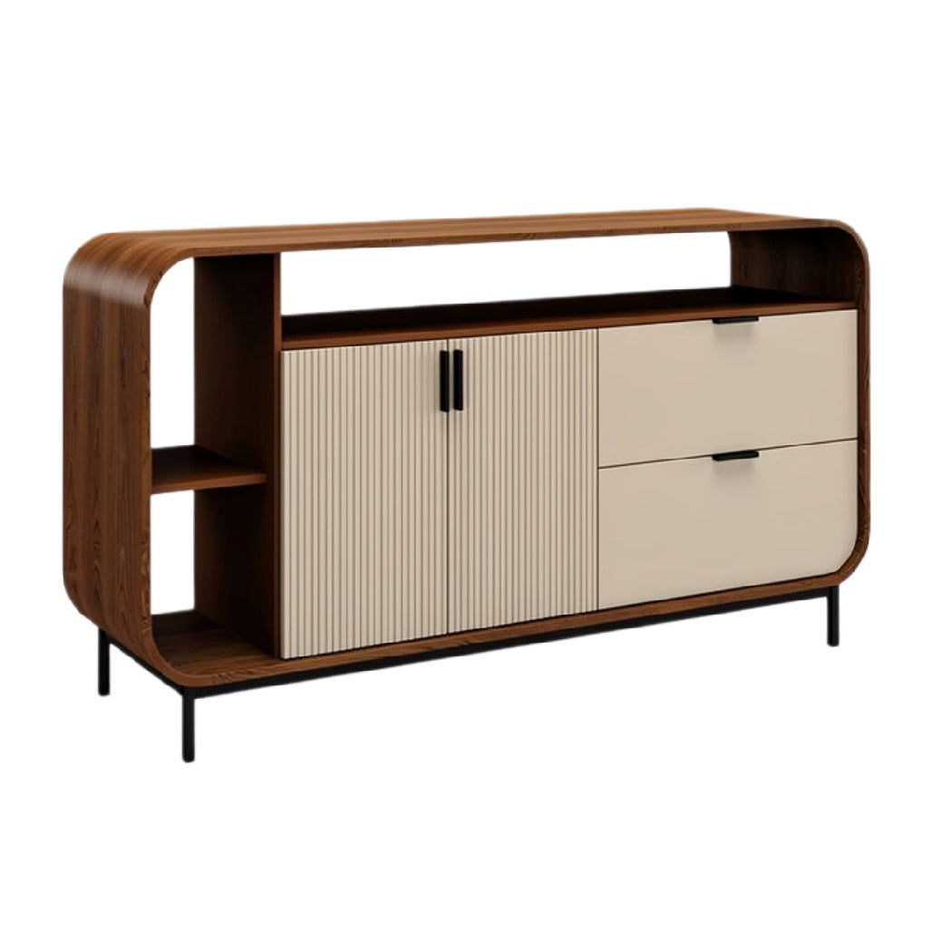 Moderne Houten Dressoir met Geweven Deuren en Open Vakken