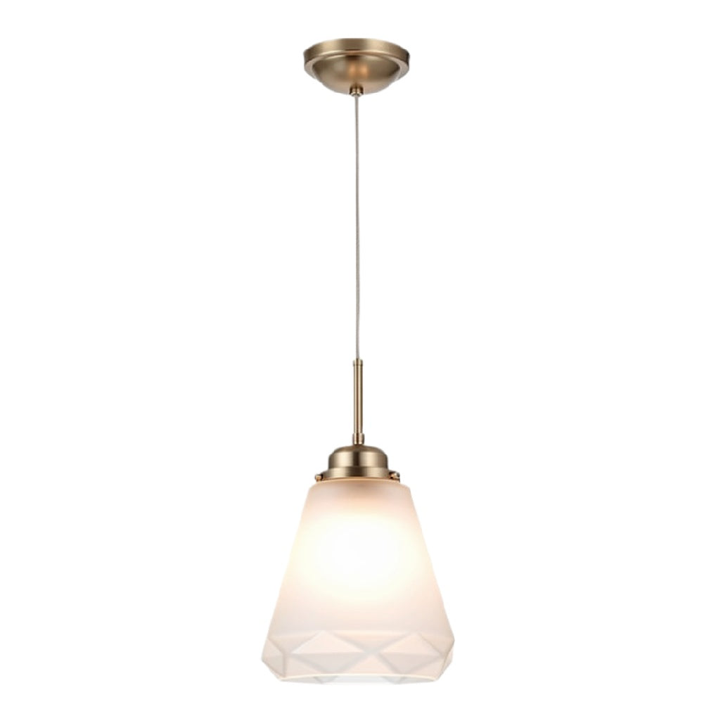Technische titel: "Geometrische Hanglamp met Wit Glazen Kappen en Messing Fitting"
