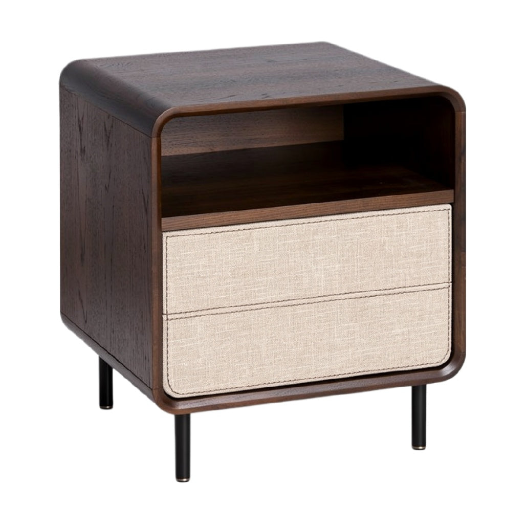 "Moderne Nachtkast met Houten Afwerking en Textiel Lade"